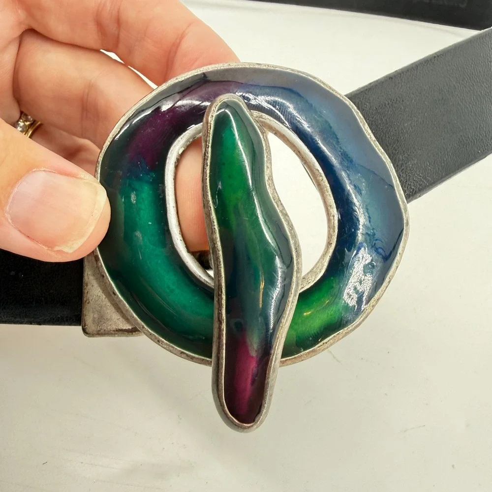 Chicos Enamel Buckle Belt Womens ML Black Leather Multi Color Artisan Vintage